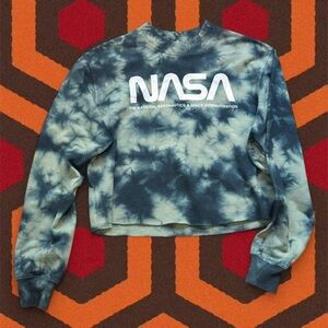 Mighty Fine NASA Blue Green Tie-Dye Long-Sleeve Cropped Crewneck Sweatshirt — L